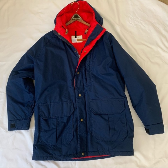 Woolrich Jacket Men L Blue Solid Parka Puffer Red Lined Hooded VTG USA Goretex - Picture 1 of 12